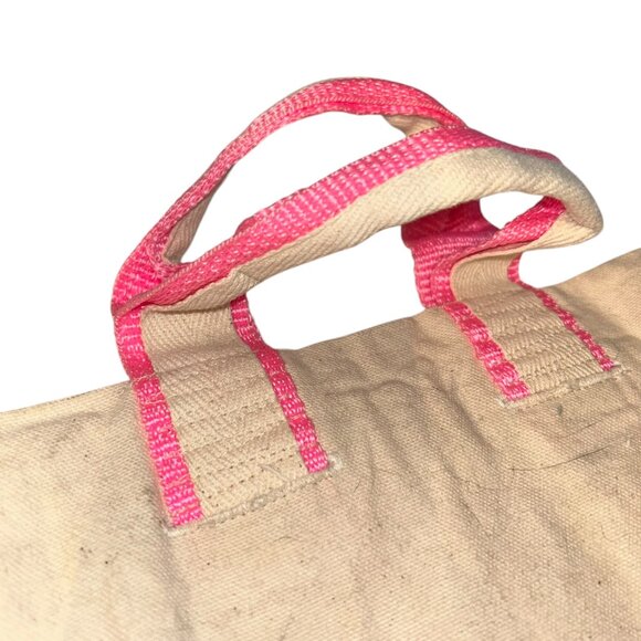 mayle adorable natural cotton canvas neon SPRING pink handles tote bag - Picture 4 of 4